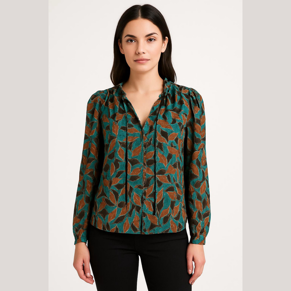 3/$10 Joie Blue Puff Sleeve Ruffled Orange Blue Blouse